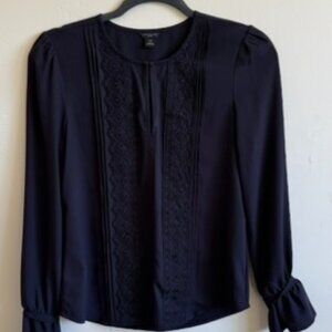 Ann Taylor Navy Lace Front Long Sleeve Blouse | XXSP